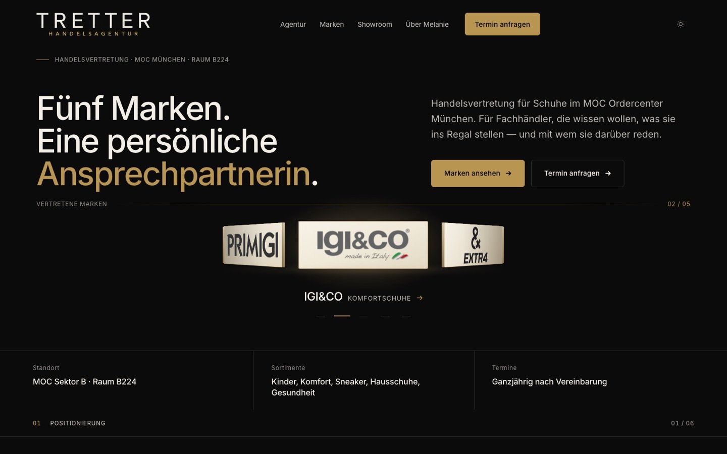 Startseite der Handelsagentur Tretter: schwarz-goldener Auftritt mit der Überschrift „Fünf Marken. Eine persönliche Ansprechpartnerin.“